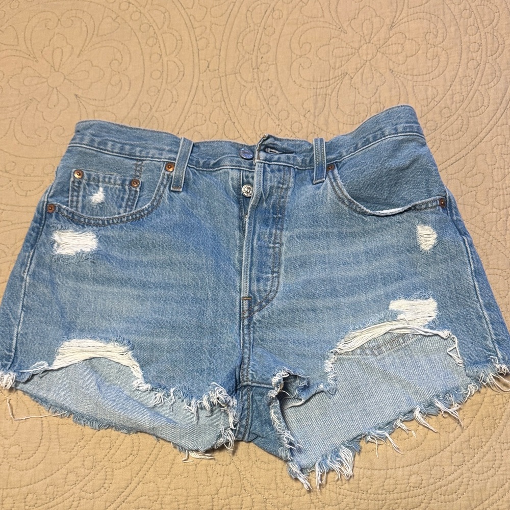 Levi’s Distressed 501 Blue Denim Shorts